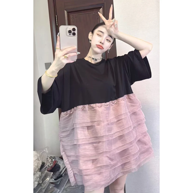 2025 Summer New Elegant Women Loose Mesh T-shirts Short Dresses Female Short Sleeve Dress Wholesale J2004