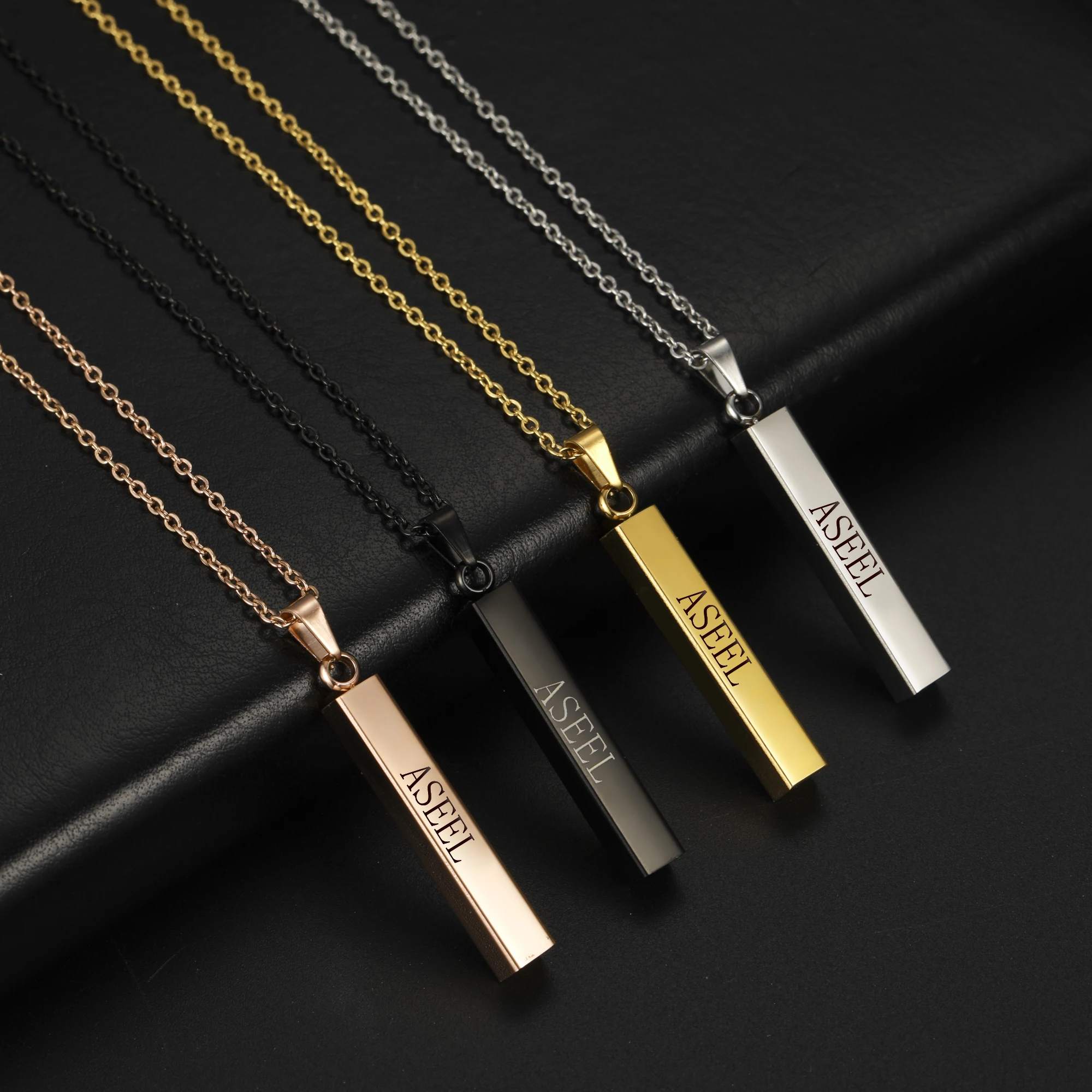 

Lemegeton Four Sides Engraving Square Bar Custom Name Necklace Women Men Personalized Black Gold Color Stainless Steel Jewelry