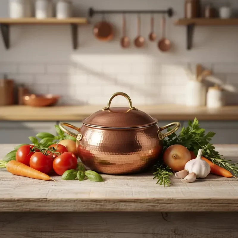 Modern Hammered Pure Copper Soup Pot With Lid Dual Handles Excellent Thermal Conductivity For Gas Stove Hand Wash Sustainable
