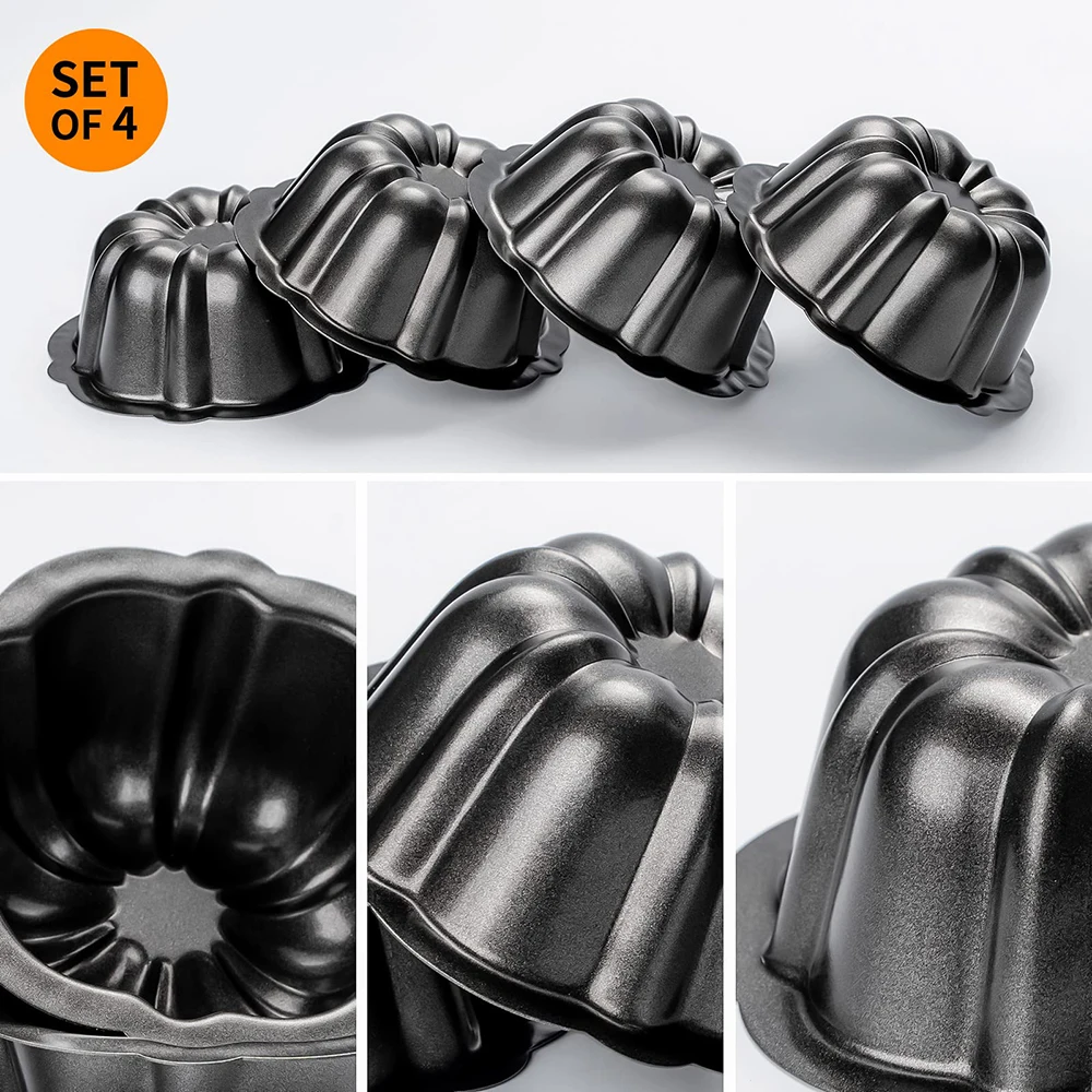 4Pcs Nonstick Mini Bundt Cake Pan 4 Inch Fluted Lava Cake Pans Carbon Steel Pumpkin Shaped Muffin Cups Mould Baking Accessories