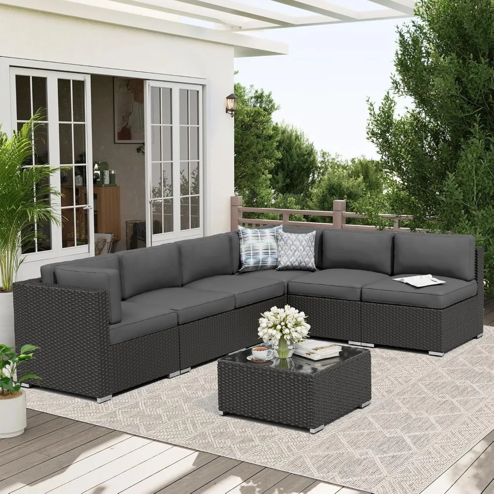 

7-Piece Outdoor Black Rattan Wicker Sectional Conversation Sets Patio Furniture Sofa Set With Cushions And Glass, Customized