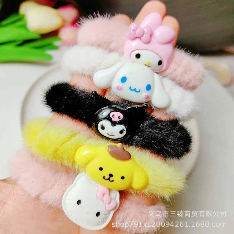 Cute Sanrio Kuromi Hello Kitty Cinnamoroll Cartoon Plush Hair Band Hair Rope Autumn Winter Sweet Girl Hair Accessories Kid Gift