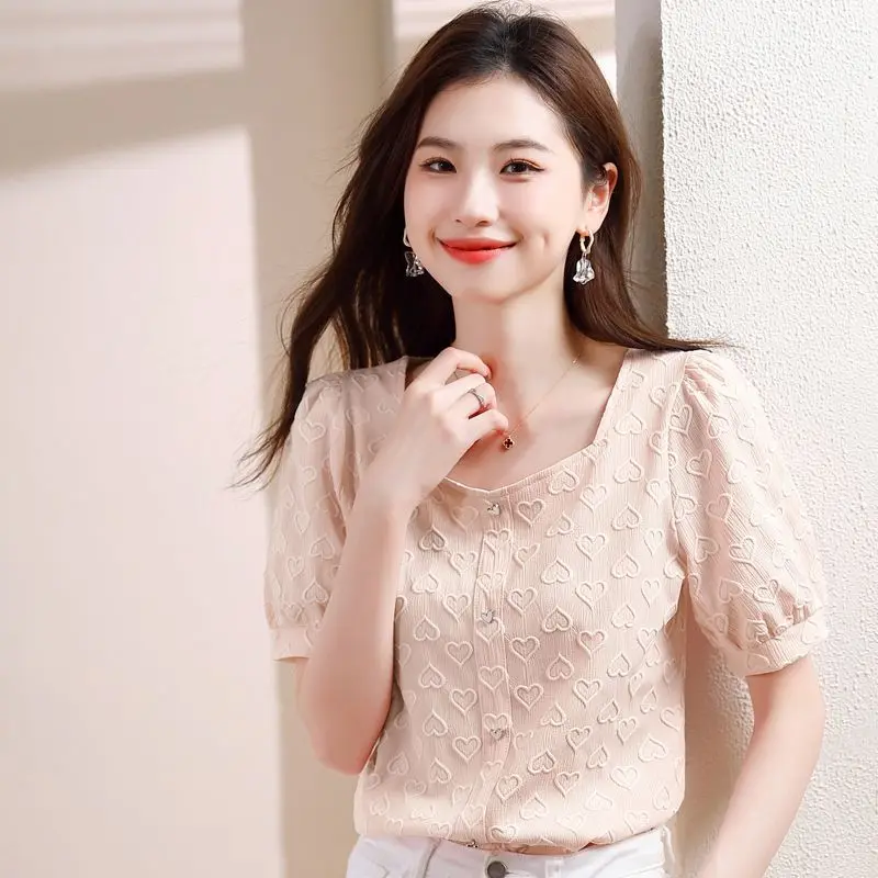 

Шифоновая рубашка с принтом Love для женщин, милая стильная модная одежда с пышными рукавами и французским квадратным воротником