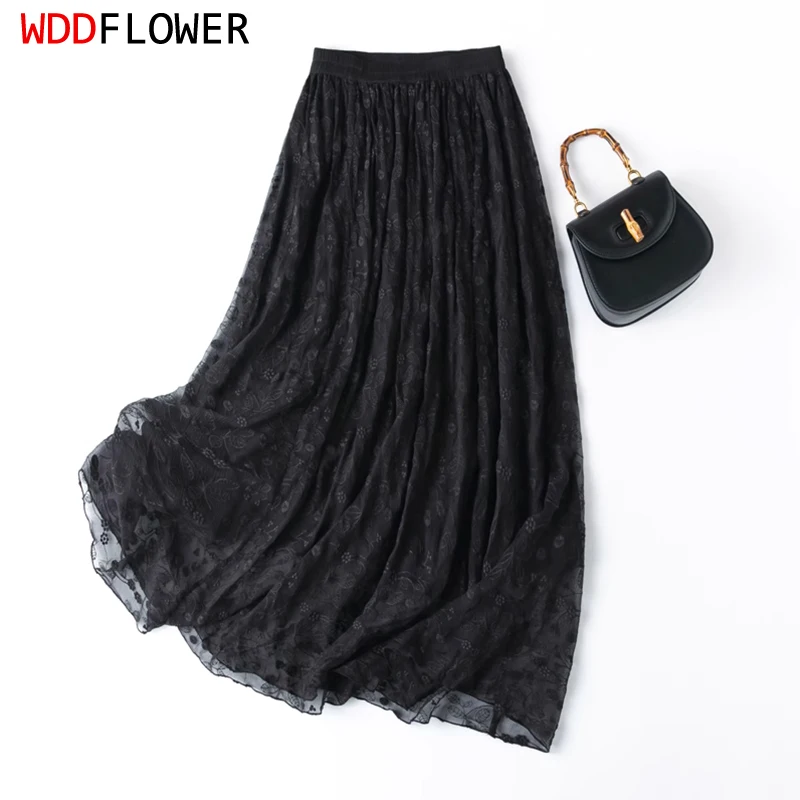 Women Silk Skirt 100% Mulberry Silk Black Floral Embroidery Long Type Chic Skirts With Lining Summer Beach Big Hem M1004