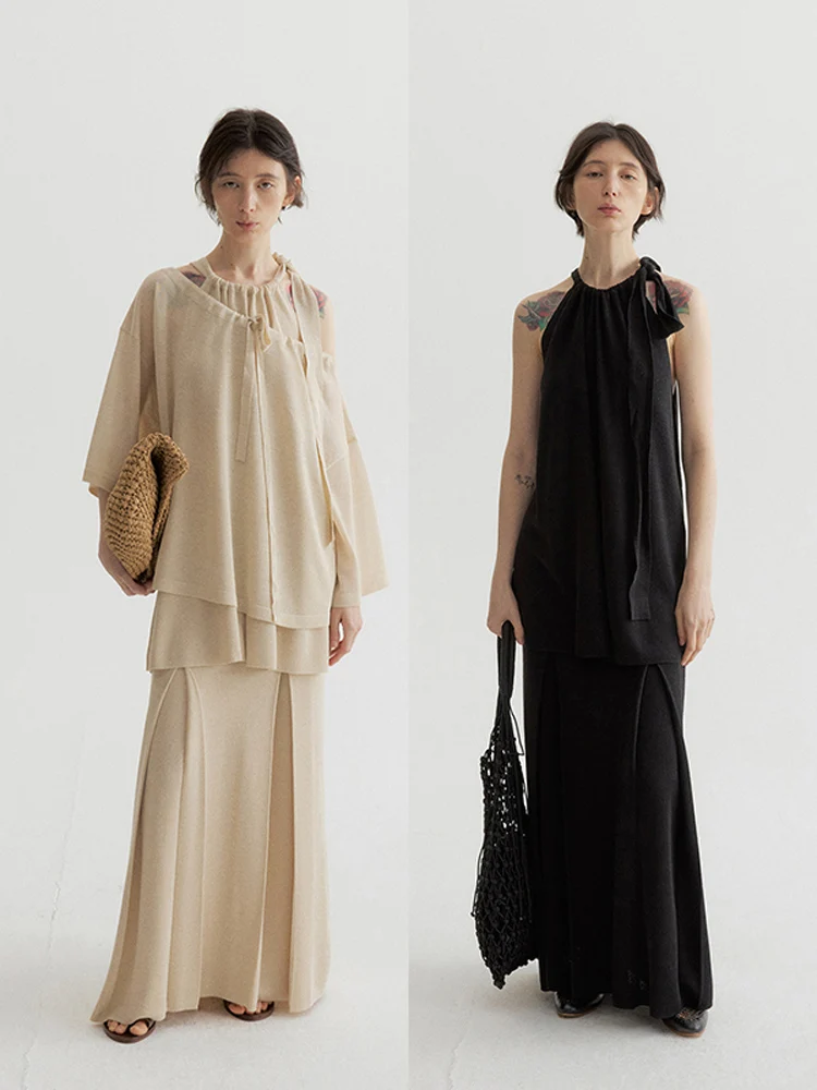 

TINNTINN Linen Knitted ter Ne Pleated One oulder Top Skirt Tee Piece Set Women's Faion Spring Collection