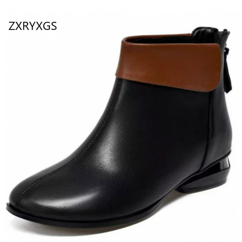 

ZXRYXGS Personality Spell Color Genuine Leather Ankle Boots 2025 Autumn Winter Fashion Boots Comfort Elegant Women Trendy Boots
