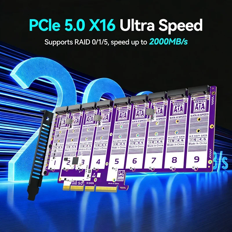 Super Sale 9-Bay PCIe 5.0 to X16 M.2 SATA Adapter 16Gbps Supported 2280 NGFF SATA SSD Supports PCIe X4/X8/X16 Supports RAID 0/1/