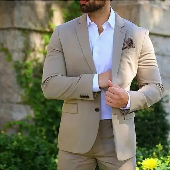 Fatos de casamento bege masculinos, blazer casual, slim fit, smoking para noivo, elegante personalizado, inteligente, bege, terno, 2 peças