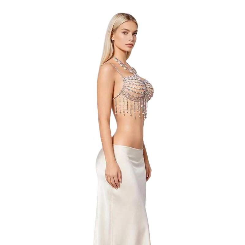 Damen Strass Perlen Quasten Körperkette Neckholder Crop Top Sexy Kristall Harness Cami Top Halloween Festival Club Party Y2K Outfit – Detail 3