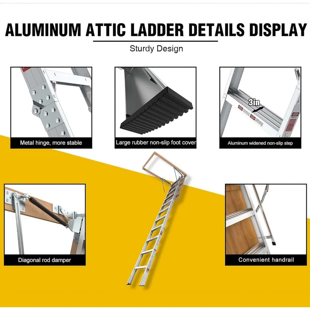 سلم ألومنيوم عالي 10 أقدام مع سجادات مضادة للانزلاق، 54 فتحة عالية × 22.5، نظام سحب للأسفل، سعة 350 رطلاً، تيار متردد عالي التحمل #3