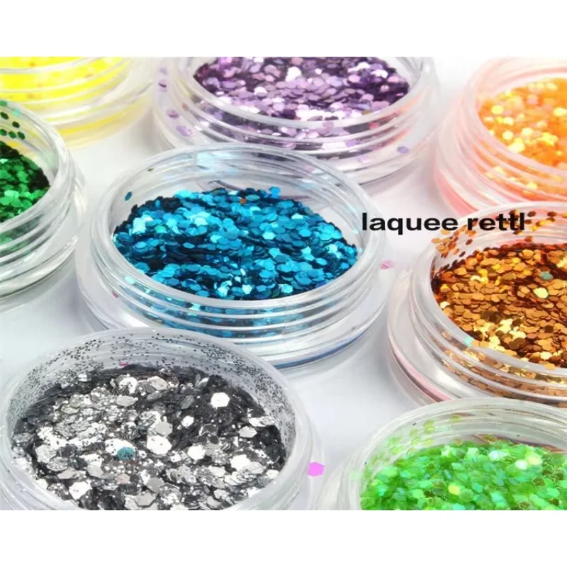 Metal Nail Art Sequins para Manicure, Glitter DIY Decoração Acessórios, Big Hexágono, Sequins Coloridos, Acrílico Pó Ferramenta, 18 cores