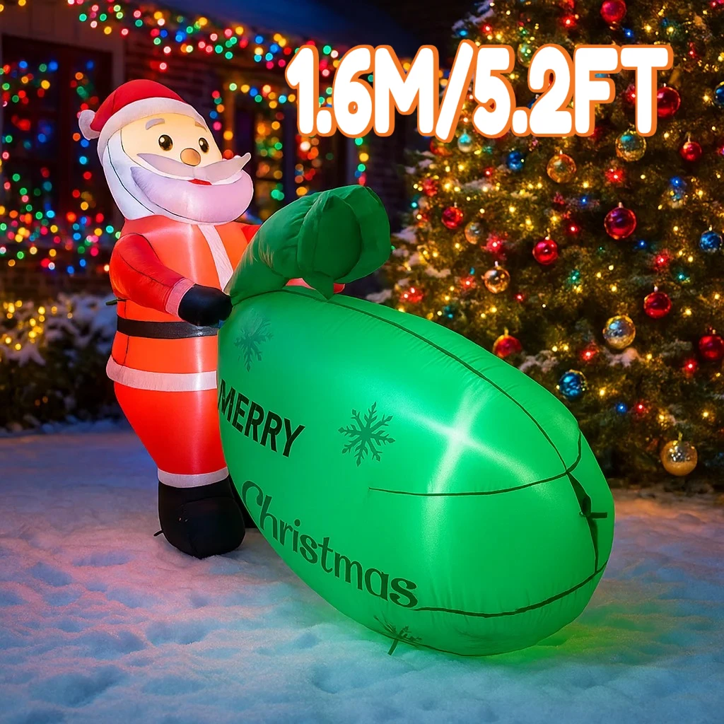 Papá Noel inflable de 1,6 M/5,2 pies con bolsa de Feliz Navidad, luces LED, decoración del hogar, juguetes, patio, suministros navideños, decoración al aire libre