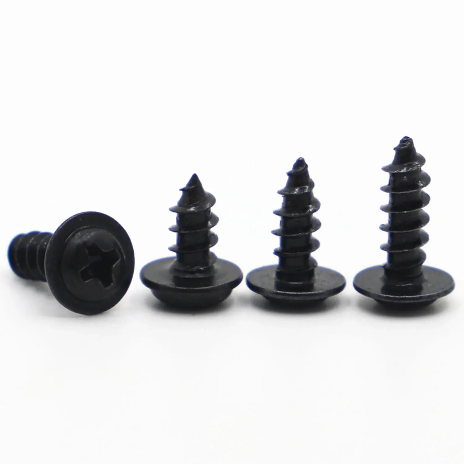 

20-100pcs PWA Black Carbon Steel Phillips Round Head Screw M1.4 M1.7 M2 M2.3 M2.6 M3 M4 Self-tapping Screws With Pad