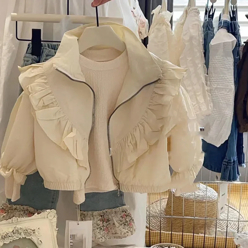 

Kids Boutique Clothing Baby Girls Coat 2025 New Autumn Solid Color Korean Fashion Zipper Standing Collar Lace Pleated All-match