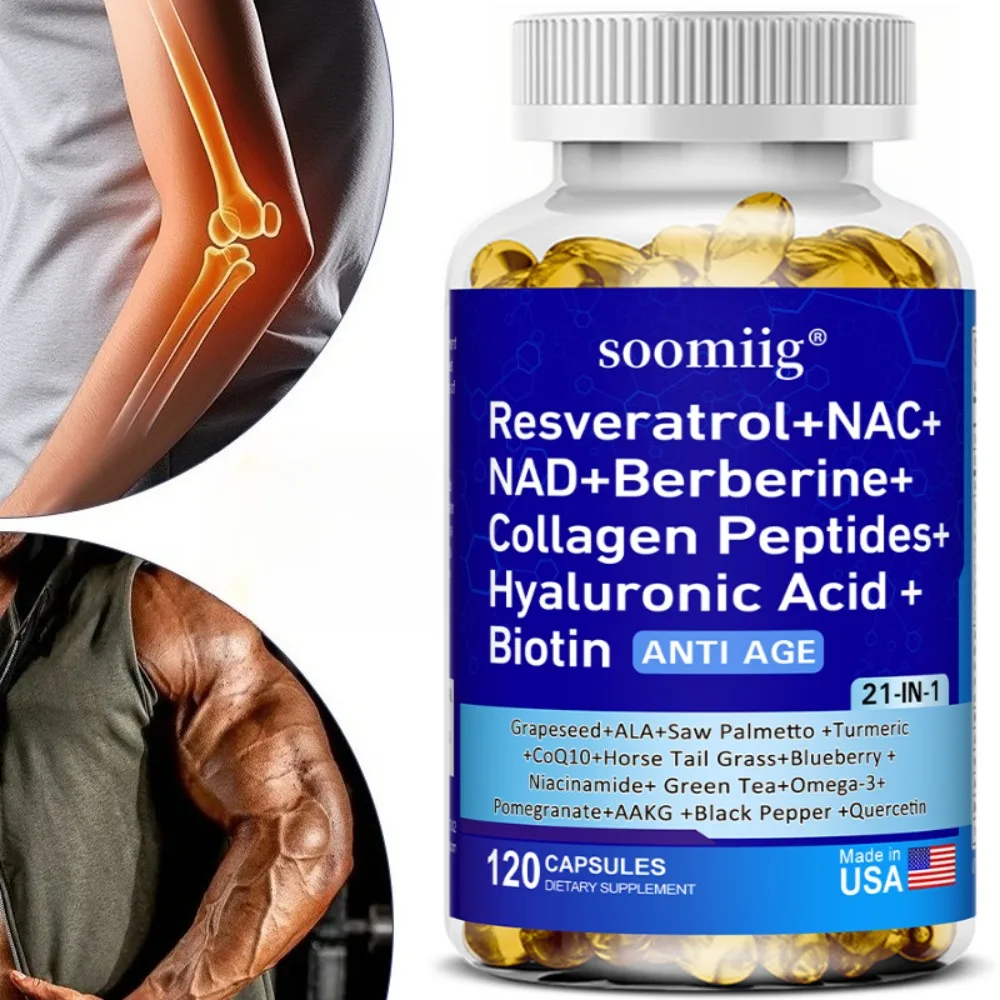 21-in-1 Supplement - NAD+,Berberine,Hyaluronic Acid,Biotin,Grape,Blueberry Collagen Peptides - Hair, Nail, Skin & Joint Health