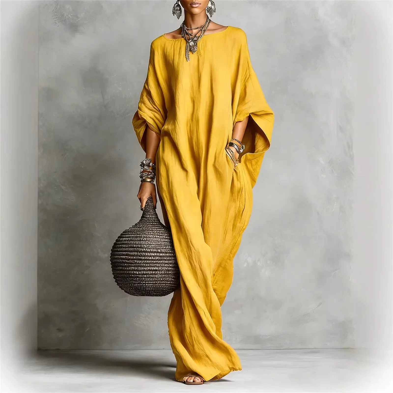 2026  cross-border women's clothing European and American solid color temperament long-sleeved one-line collar long casual - view 4