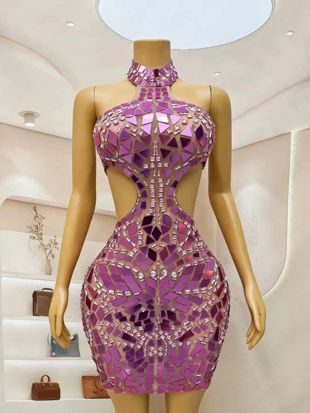 

Pink Rhinestones Mirrors Sleeveless HollowWaist Sexy Dress Dance Stage BirthdayCelebrate Costume Party Outfit Fenshuang