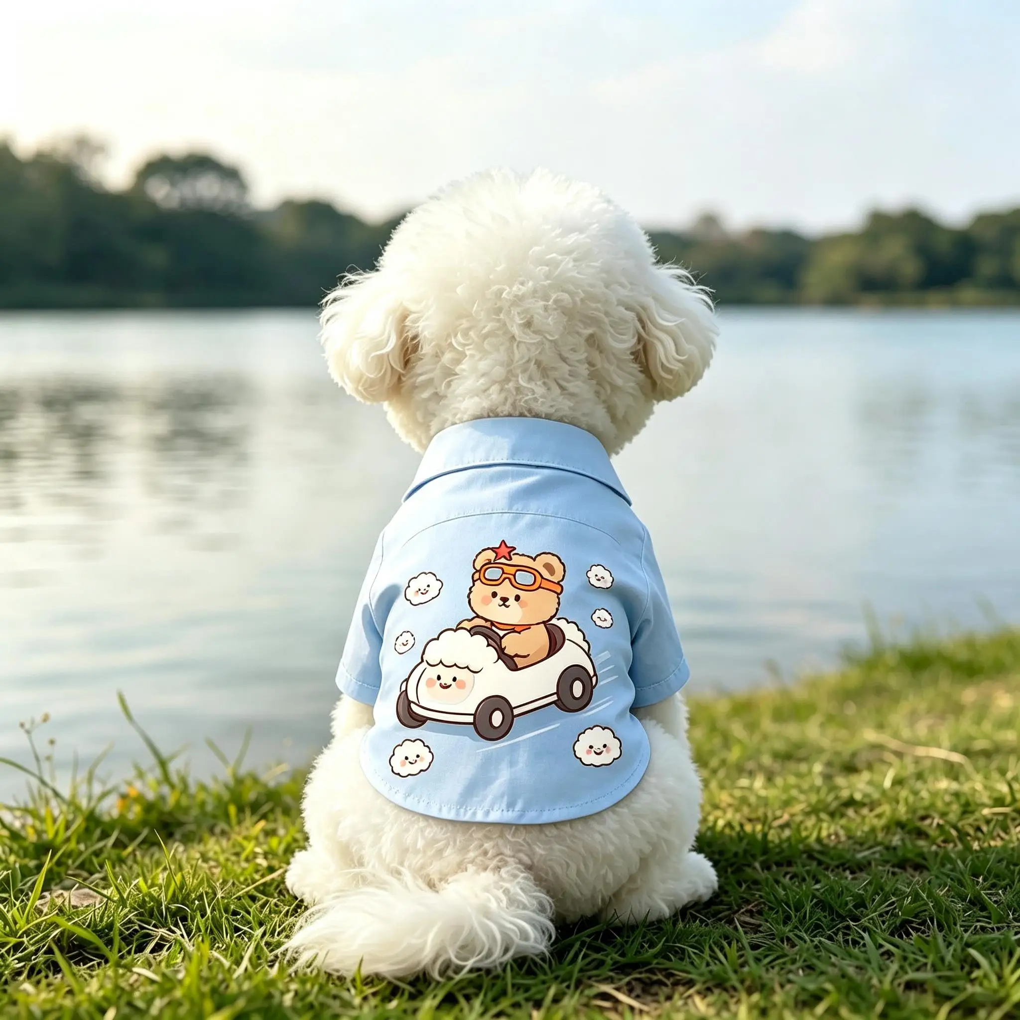 Pet Dog Shirt Light Blue Bear Driving Car Print Breathable Button Up for Small Medium Dogs Cute Cartoon Theme Daily Wear