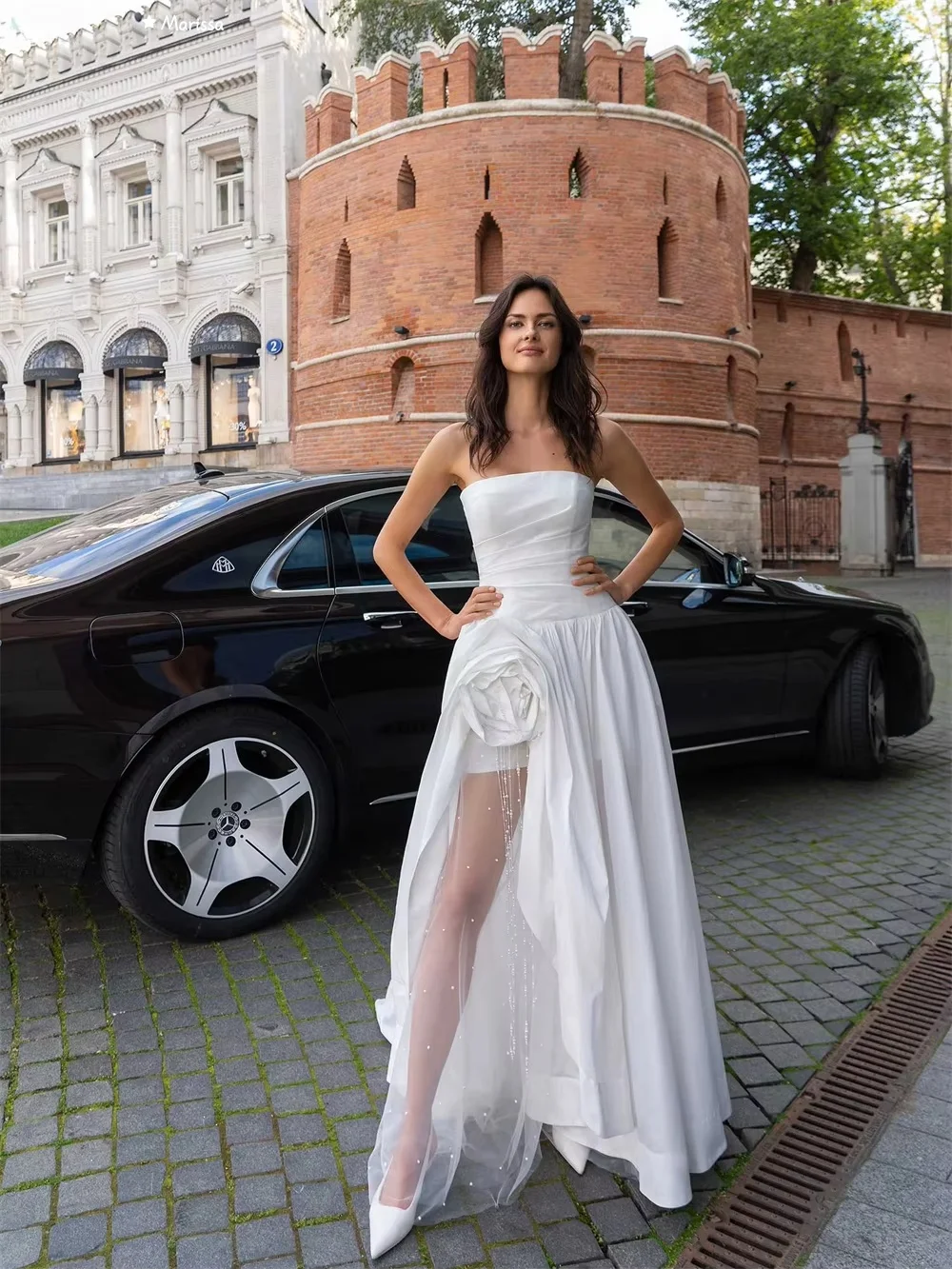 ماريسا مصنوع حسب الطلب فستاين سهرة/فساتين الحفلات على شكل حرف a من الساتان فساتين نسائية أنيقة لحفلات الزفاف فستان زهور ثلاثية الأبعاد