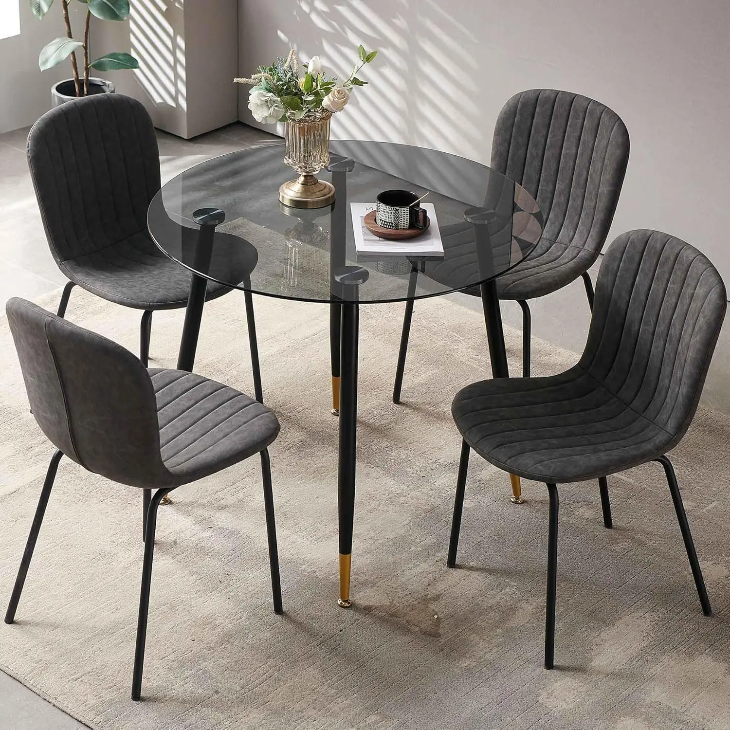 Nordicana Glass Round Dining Table Set For 4 People, 35 In Round Kitchen Table Chairs Set, 4 Pcs Dark Grey Faux Leather Dinner