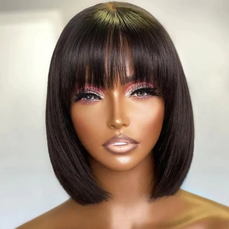 Short Human Hair Wigs For Women Straight BOB Wig With Bangs Human Hair 8-14\