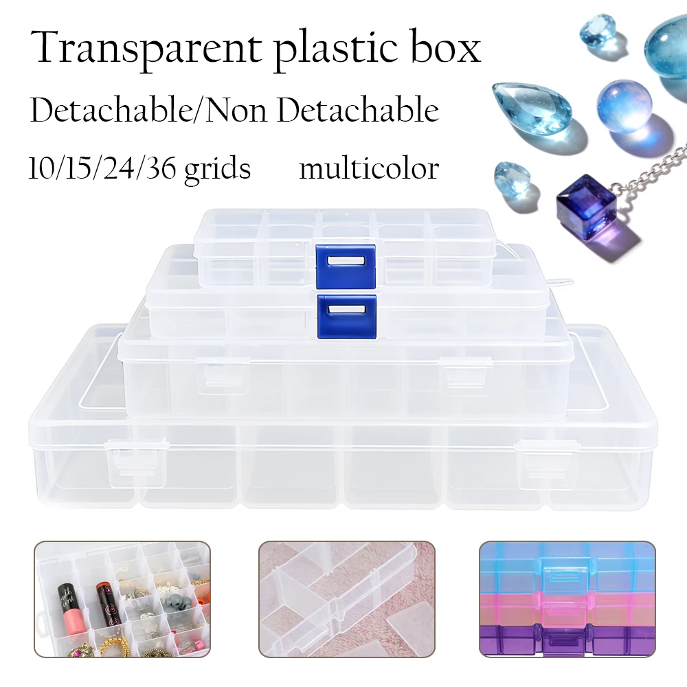 Plastic Jewelry Box 10/15/24/36 Compartment Slot Organizer Storage Beads Container Adjustable Jewelry Storage Box Rectangle Case