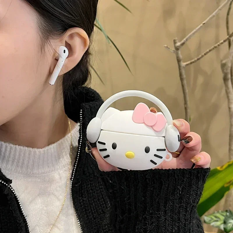 Miniso 3D Olá Kitty caso fone de ouvido estereoscópico para Airpods, fone de ouvido sem fio Bluetooth, silicone macio fone de ouvido 1, 2, 3 Pro