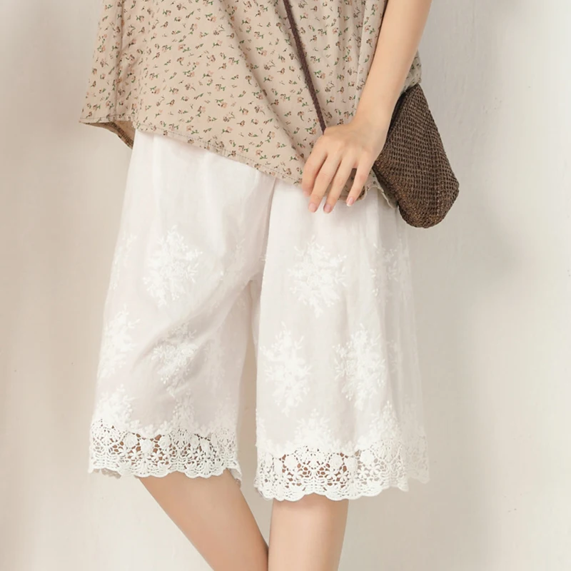 Sommer Stickerei Spitze Breite Bein Hosen Frauen Kleidung Süße Einfarbig Lose Anliegende Baumwolle Leinen Knie-länge Hosen K064