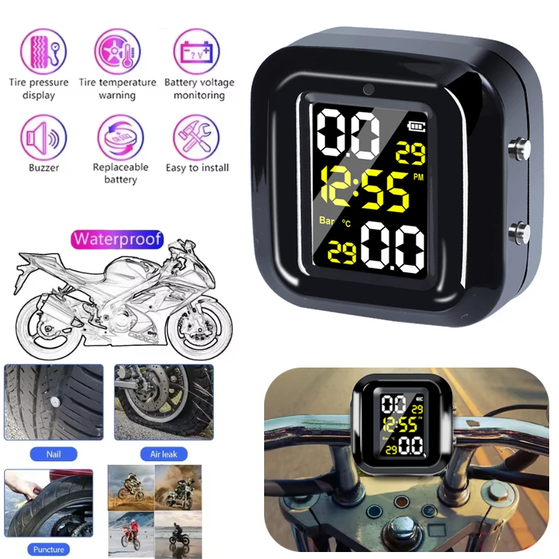 Монитор давления в шинах мотоцикла, ЖК-цифровой дисплей, внешний мотоцикл, беспроводной детектор давления в шинах, система мониторинга сигнализации