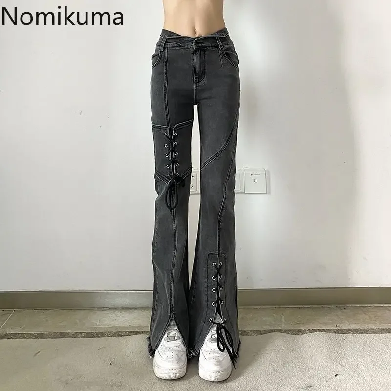 High Waist Jeans Women Bandage Split Y2k Flare Pants 2024 New Bottoms Chic Casual Denim Trousers Korean Vintage Pantalon Femme