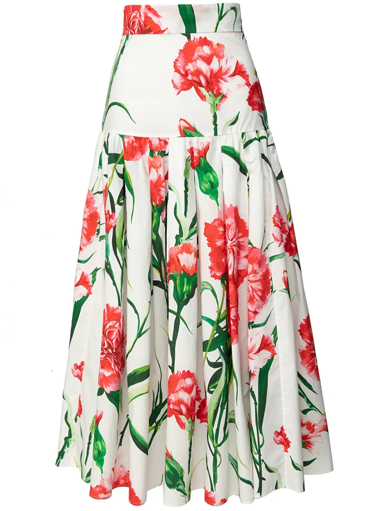 

LD LINDA DELLA 2023 Spring Summer Fashion Runway Skirts Women's High waist White Flower Printed Vacation Party Midi Skirts