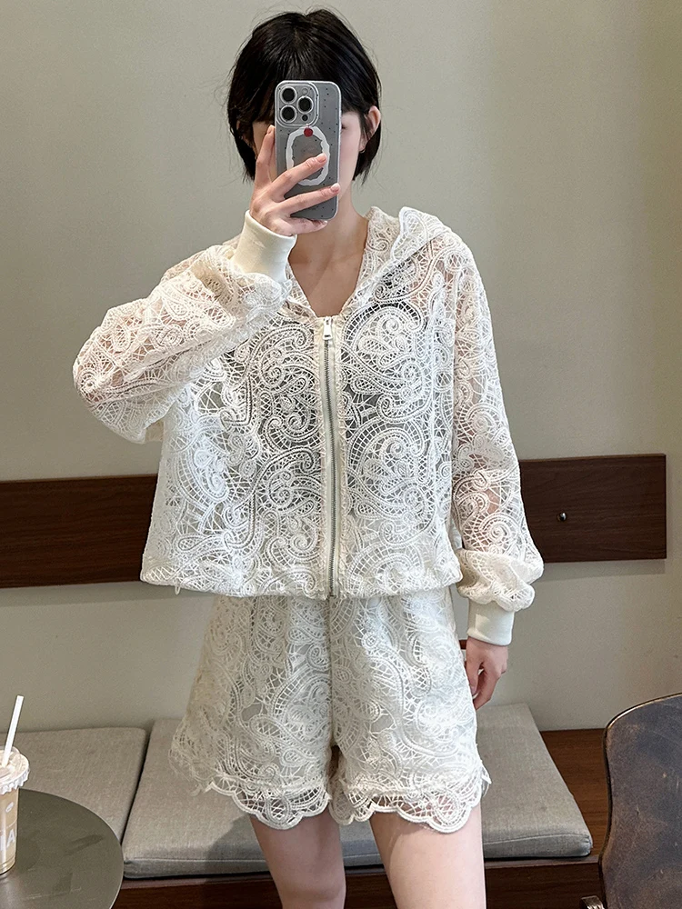 Spring Summer New Lace Set Hat Jaet Women ort Thin Hollow out Anti Aging Versatile Slimming Top Two Piece Set Sweet Sle