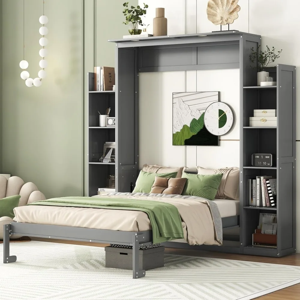 S685d77730a3344349190b6d03f21eca7k Grey Full Size Murphy Bed with Shelf for Small Rooms and Families
