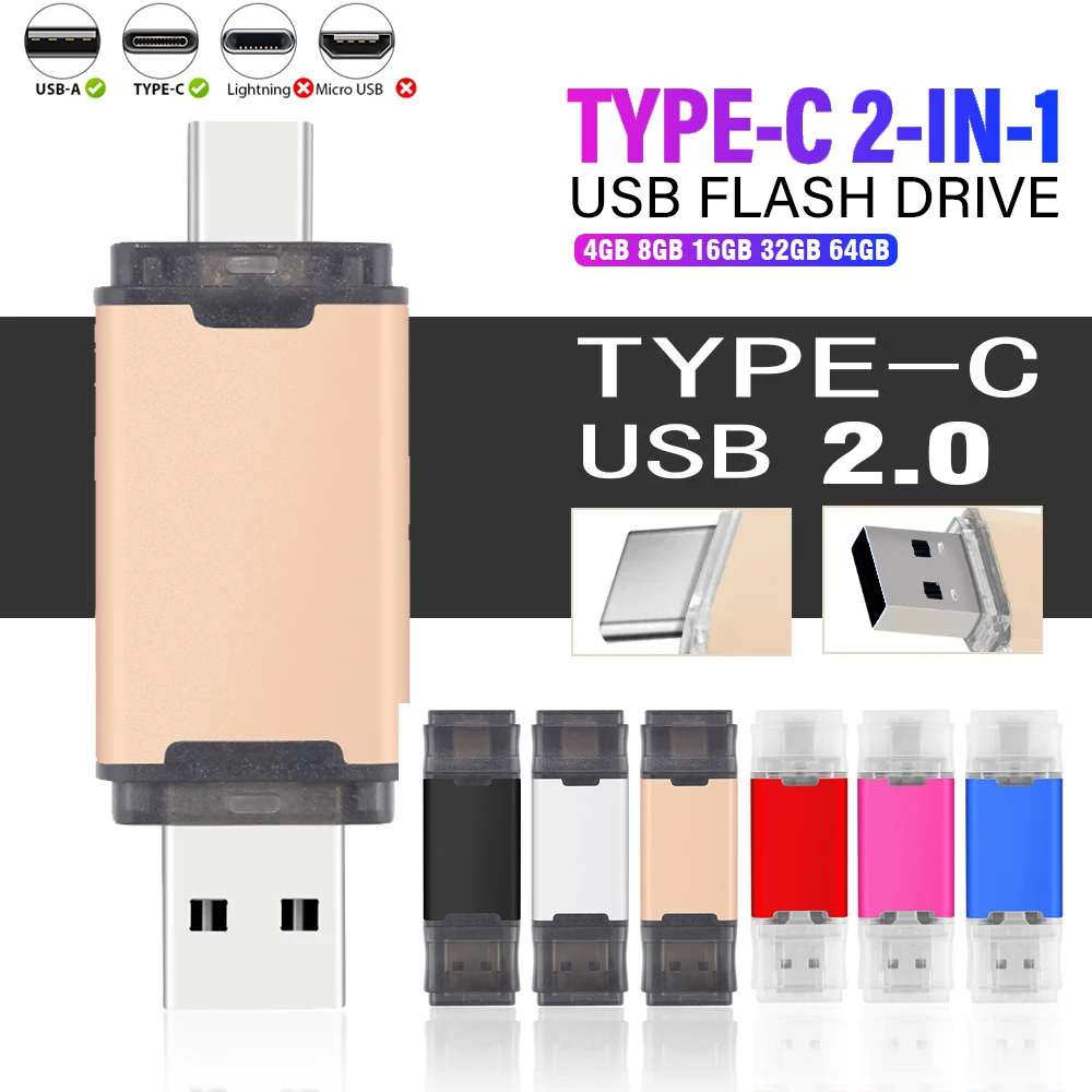 Type-C 2 IN 1 USB 2.0 Flash Drives 64GB Colorful Pen Drive 32GB Mini Metal Memory Stick 16GB For Samsung Phone U Dick 8GB 4GB