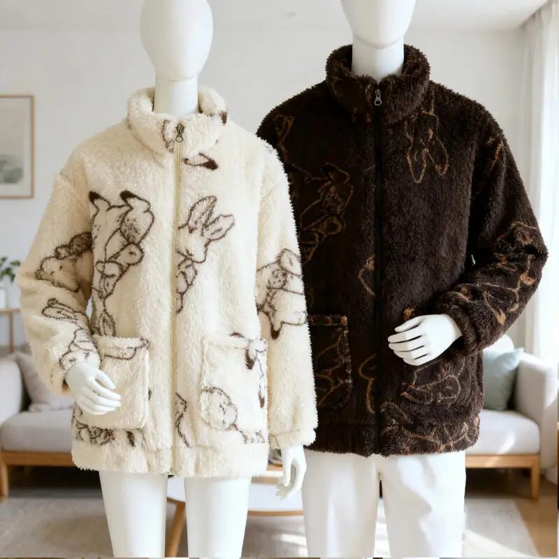 Chaqueta de pijama con estampado de dibujos animados para parejas, forro polar coral, cuello alto, cremallera, top de pijama cálido, ropa de casa, ropa de dormir para hombre y mujer, ropa exterior