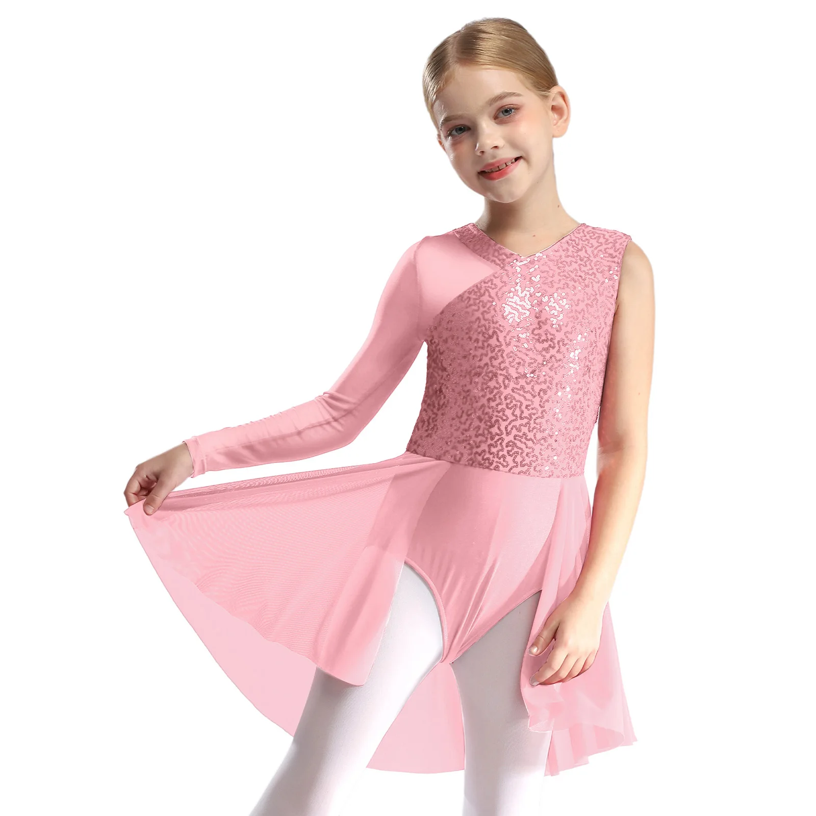 Ballet Dancewear Stage Performance Costume Girls Sheer Mesh Long Sleeve Sequins Skirted Leotard Temperament Dancing Bodysuits