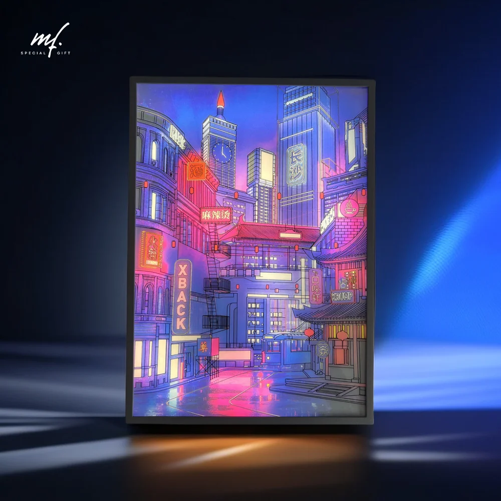 Neon City Night View Mood Light Painting, LED Anime Art, image HD, lunette étroite, prise de procureur, gradation, décorations pour la maison, cadeau de lampe de nuit