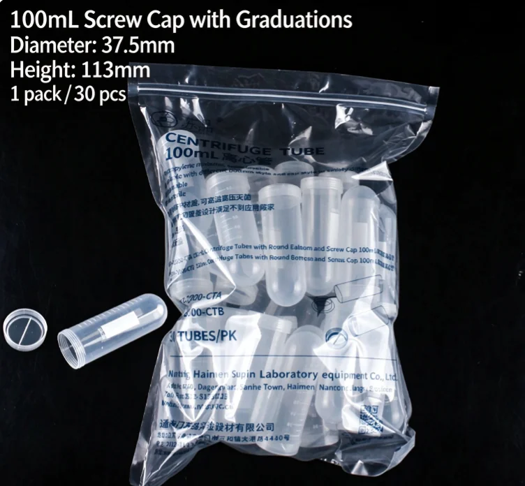 Plastic Centrifuge Tubes With Clear Scale100 ml Test Tube With Screw Cover Graduation EP Sample Tube Diameter 38 mm 30 / PK