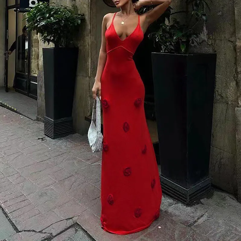 

Women's dress retro red long knitted camisole dress with hand hook embroidery V-neck slim fit long skirt