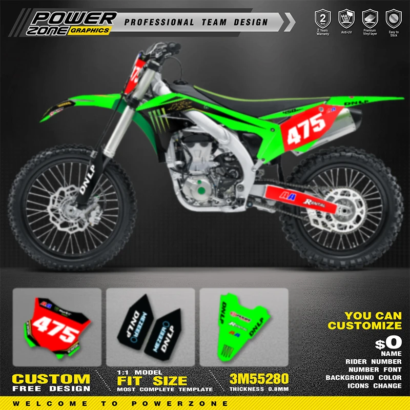 

PowerZone пользовательская команда для Kawasaki KXF 450 KX 450F 2016 2017 2018, мотоциклетная графика, фоновые наклейки, наклейки 09