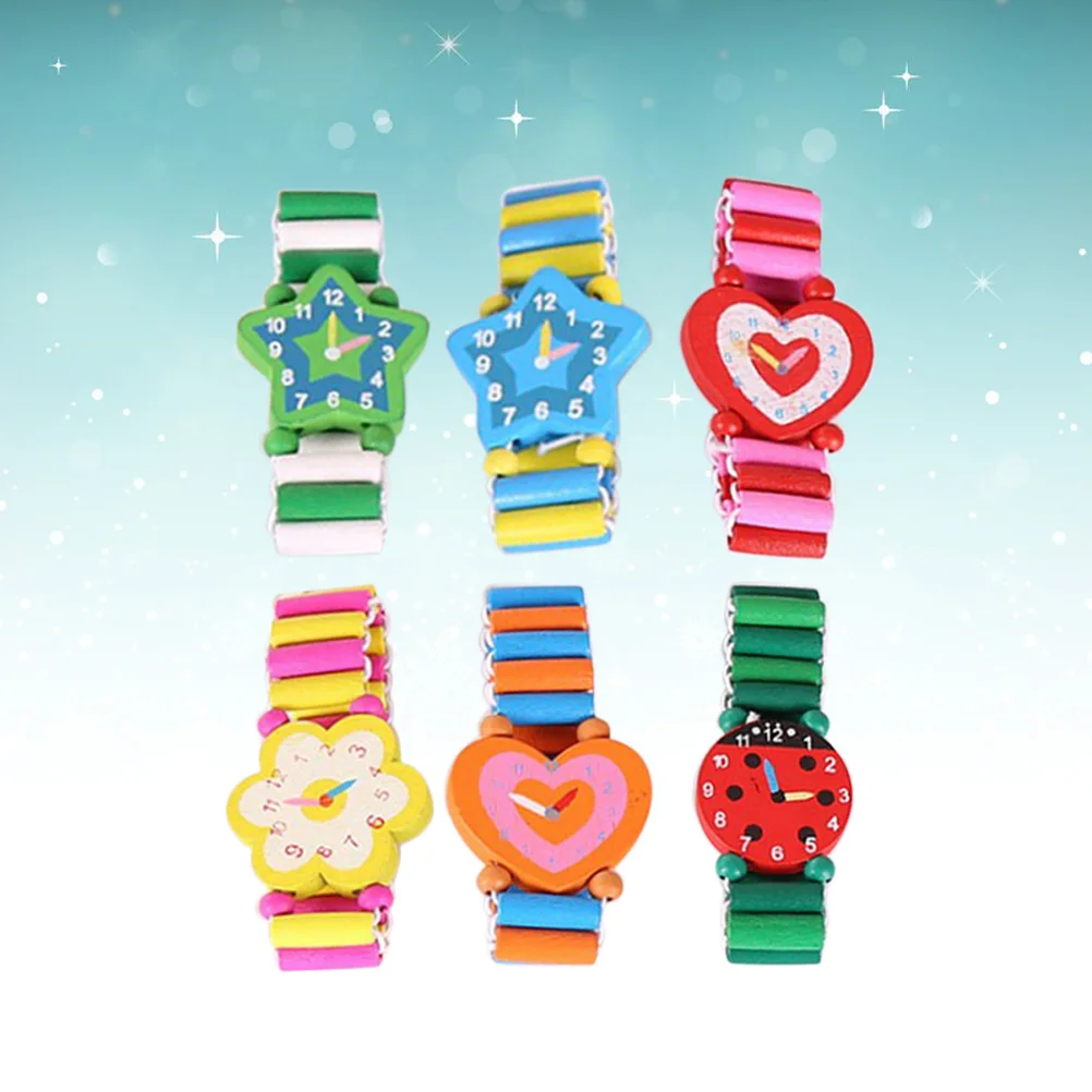 

6pcs Wooden Craft Cartoon Simulation Wristwatches For s Skill Development Eco-Friendly Paint Cute Animal Patterns