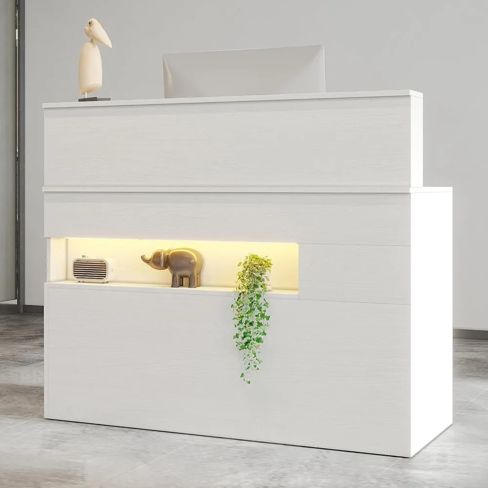 

Reception Desk with LED Lights and Power Outlets, Retail Counter Reception Counter Table with Drawers