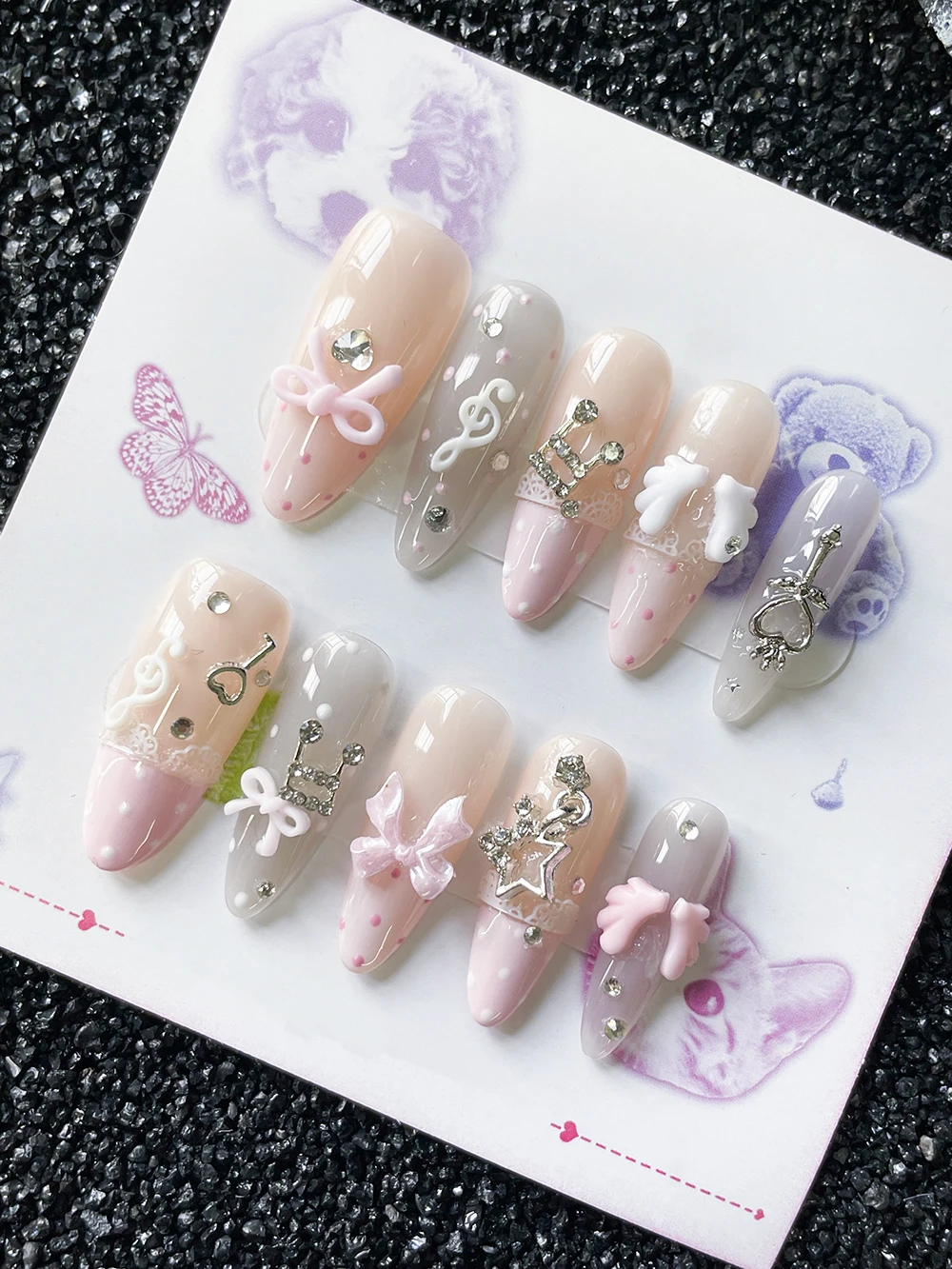 

Long Ellipse Pink Sweet Bowknot Press On Nails Art Lace Polka Dots Note Wings Handmade Fake Nails Sticker Women's Date Gift