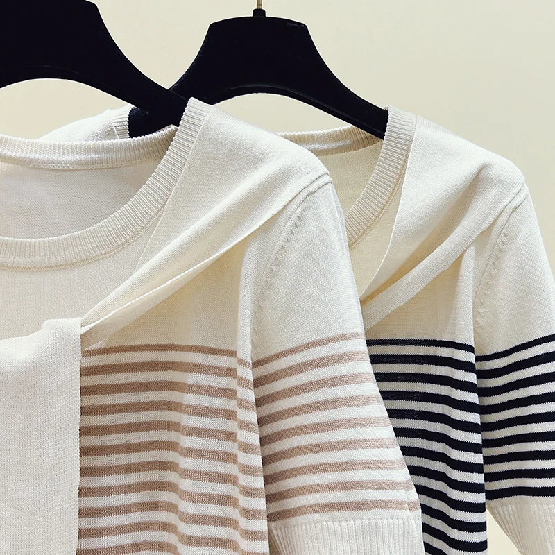 女性のグラデーションストライプニットTシャツ、ラディーズ-ネックプルオーバー、半袖knitwear、アイスシルク、スタイリッシュ、ヴィンテージ、夏、2022