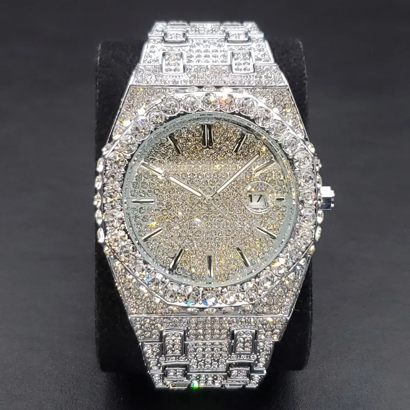 Luxury Men Watch Iced Out Bling Zirconia Simulated Diamonds Gold Plated Round Dial Date Weekly Display Bracelet Watches For Male