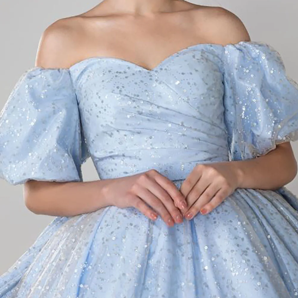 Gaun pesta gaun Tulle Quinceanera gaun Off-Shoulder Ruffles lengan lipit ikatan simpul payet kapel kereta