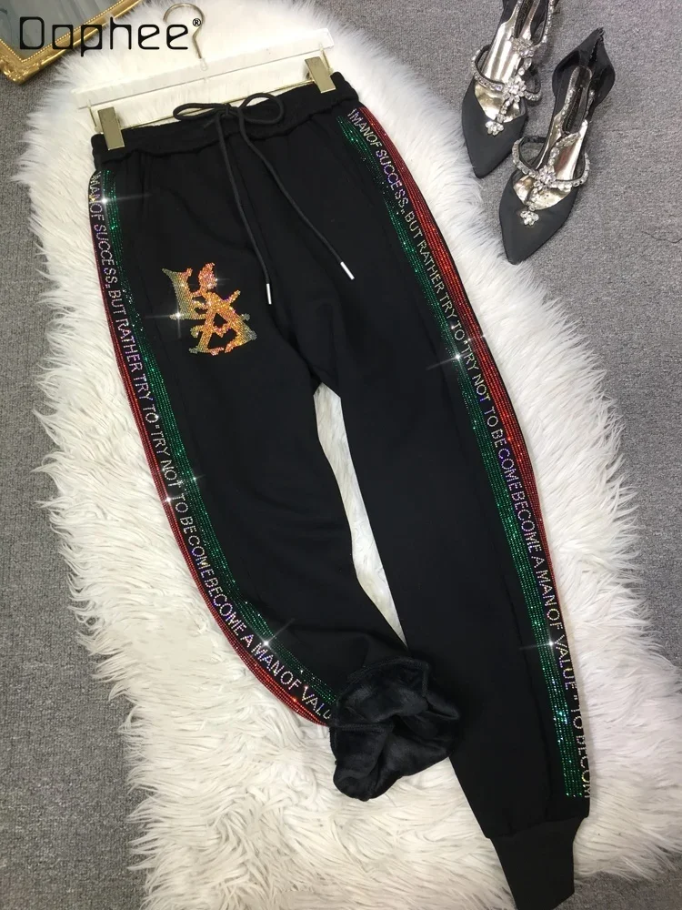 

Winter Fleece Thick SweatPants Women's Heavy-Duty Letters Rhinestone High Waist Slimming Black Ankle-Tied Casual Sports Pants