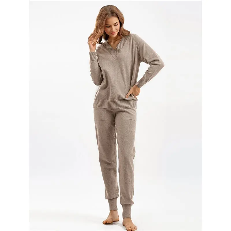 CYL-Women's V الرقبة 2 قطعة سترة مجموعة البلوز عارضة عالية الخصر متماسكة مجموعة Sweatsuits #3