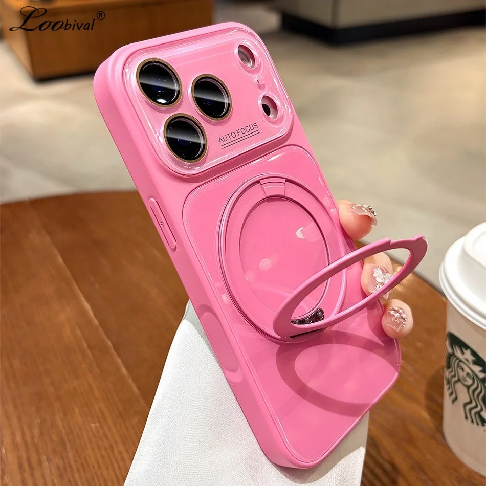 Luxuriöse Handyhülle mit großem Fenster und 360°-Ständer für iPhone 17 16 15 Pro Max 11 12 13 14, Candy Color Glas-Kamera-Schutzfolie