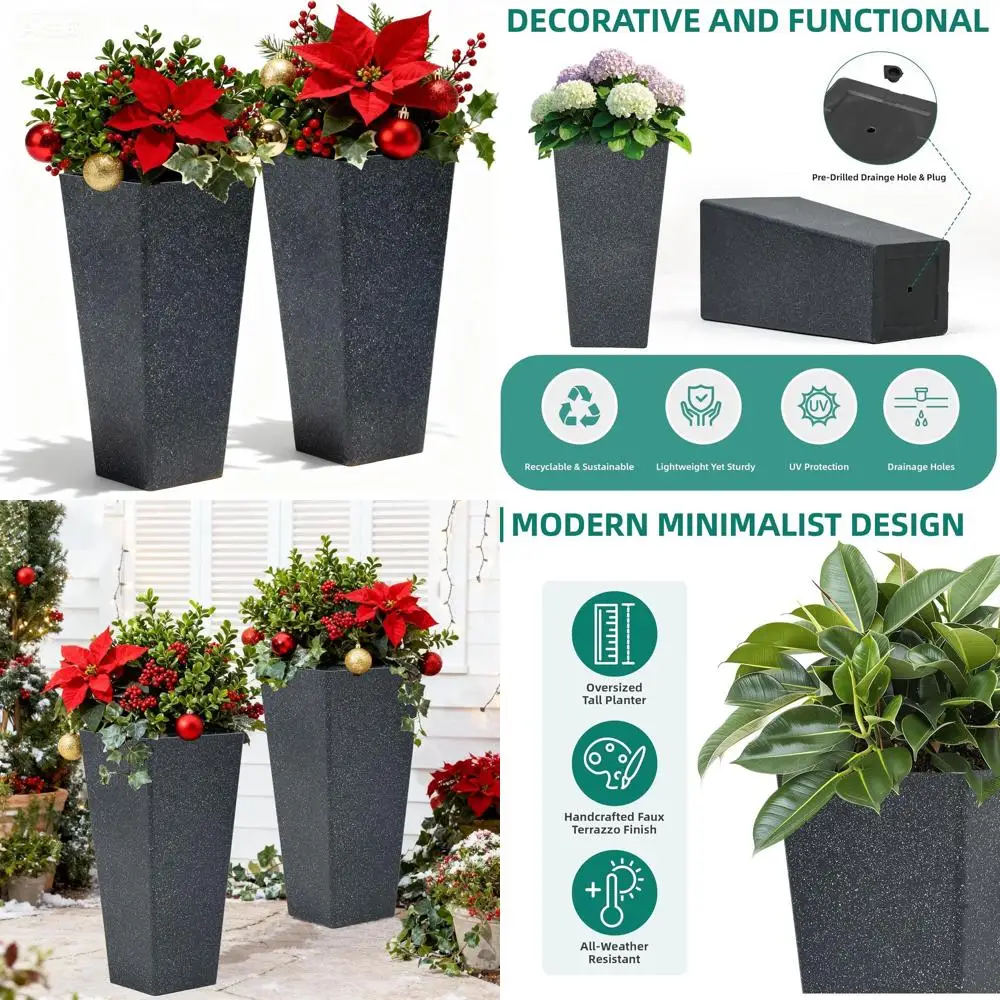 

Set of 2 Outdoor Tall Plastic Planters, Weather-Resistant for Patio, Garden, Indoor Use, Terrazzo Black